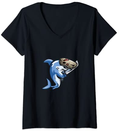 Damen Hockeymaske Hai mit Machete T-Shirt mit V-Ausschnitt