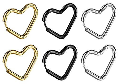 JewelryWe Schmuck 3 Paar Herz Ohrringe Creolen Damen Liebe Herzform Ohrstecker Ohrschmuck für Frauen Mädchen Gold/Schwarz/Silber