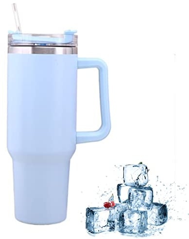 Glvyou 40oz Tumbler with Straw and Lid Handle, Stainless Steel Vacuum Insulated Coffee Mug Leak Proof Double Wall Cup for Hot Iced Drinks, Portable Travel Gift Men Women(Blue)