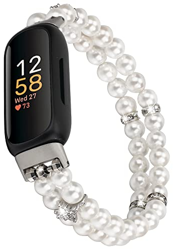 iLVANYA Perlenarmband, kompatibel mit Fitbit Inspire 3 für Damen, modisch, handgefertigt, Perlen, elastisches Stretch-Uhrenarmband für Fitbit Inspire 3 Fitness-Tracker (Perlweiß)