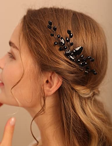 Deniferymakeup Women Rhinestone Hair Clip Black Teardrop Small Hair Comb Vine Bridal Hair Accessory Crystal Gift for Her Party Headpiece