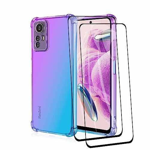 HAOYE Funda para Xiaomi Redmi Note 12 (4G Version) + 2 Cristal Templado, Carcasa TPU Cristal Ultra Slim Flexible Suave Silicona Bumper, Reforzar Esquinas Case Cover (Morado/Azul)