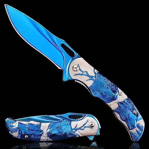Vividstill Taschenmesser für Männer, cool blau Klappmesser mit Titanplattiert Prägen 3D Wolf, gute Geschenk Edc Messer für Männer Outdoor Überleben Camping(blau)