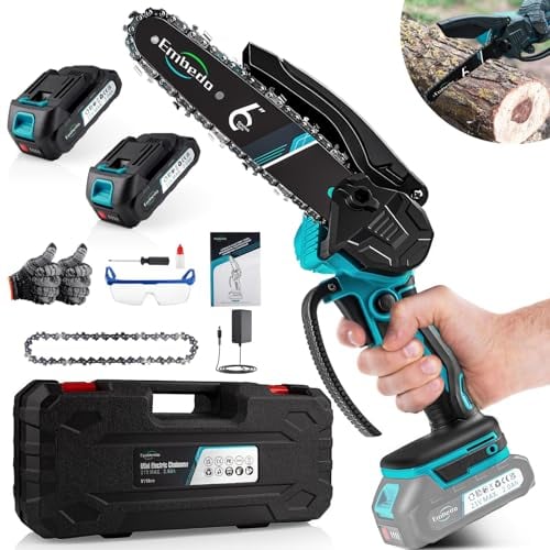 Mini Motosierra Bateria 6 Pulgadas, Motosierra Eléctrica de Mano, Sierra Electrica Podar Arboles, Pequeñas Portátil Inalámbrica para Podar Jardin, 2 x 2.0 Ah Baterías