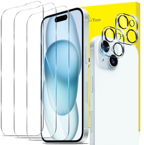 GiiYoon Panzer Schutz Glas für iPhone 15, 3 Stück Schutzfolie und 2 Stück Kamera Schutzglas, 9H Härte, Ultra-klar Displayschutz, Anti-Bläschen, Anti-Kratzen