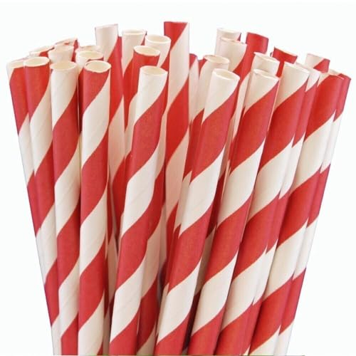 Disposable Straws Red and White Stripe Paper Drinking Straws Biodegradable Eco 8 (20cm) Pack of 50