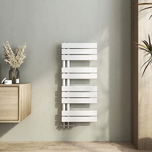 Heilmetz Scaldasalviette Bagno 890x400mm Termosifoni Moderni Termoarredo Bagno Interasse 50 Termosifone Acciaio Radiatore Scaldasalviette da Parete G1/2, Vertical, Bianco