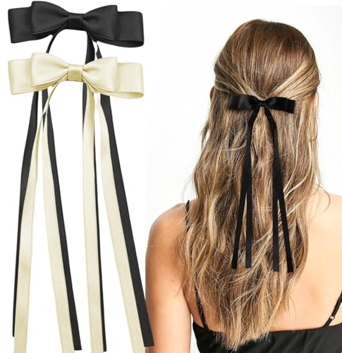 Nayyana® 2 Haarschleifen für Frauen und Mädchen, schwarzes Quastenband, Schleife, Haarspangen, Haarspangen für Mädchen mit kleinem langen Schwanz, Haarschmuck aus massivem