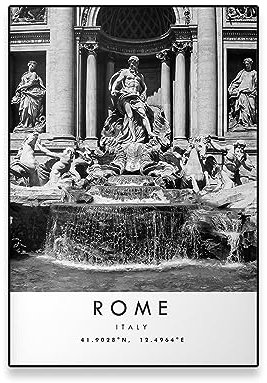 Schwarz-Weiß-Poster, Rom, Reise, Druck, Wandkunst, minimalistische Leinwand, Gemälde, Trevi-Brunnen, Druck von Rom, Italien, Zuhause, Raumdekoration (Color : TP1144, Size : 30X40cm no frame)