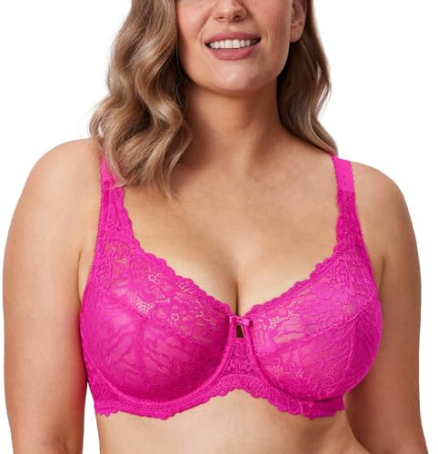DELIMIRA Donna Reggiseno Minimizer in Pizzo Taglie Forti Coppa Completa con Ferretto Senza Imbottito Rosa Glitterato 4J