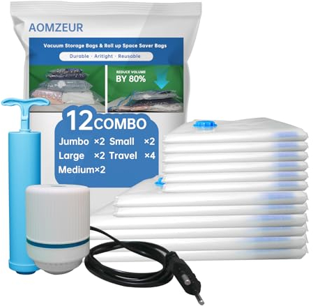 Sacchetti Sottovuoto con Pompa ad Aria Elettrica, Confezione da 12 (2 Jumbo, 2 Grandi, 2 Medi, 2 Piccoli, 4 Sacchetti Sottovuoto Arrotolabili) Sacchetti Salvaspazio per Vestiti, Coperte, Piumini