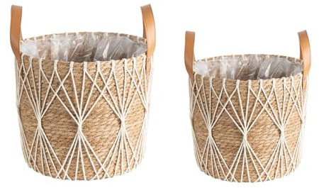 JNRFTY 2 Größen Set Blumentöpfe Geflochten Seegras Pflanzenkörbe,übertopf Korb für Zimmerpflanzen,Übertöpfe mit Griffen 25cm und 29cm Durchmesser