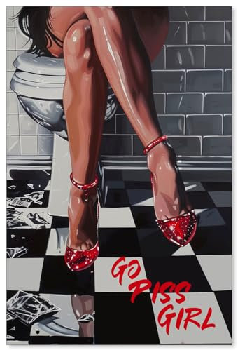 WBSTGUE Flippiges Badezimmer-Wandbild, Motiv: Go Piss Girl, lustiger Vintage-WC-Druck, trendige Disco-Kunst, Wanddekoration für Mädchen, College, Wohnung, 61 x 91,4 cm, ungerahmt
