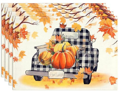AUAUY Tischset Leinen Platzdeckchen Stoff 4er Set, Halloween Ahornblatt Tischsets Abwaschbar, Kürbisauto Baumwolle Leinen Tischsets Platzsets für Tisch, Küche, Essen, 45x32 cm Tischunterlage Esstisch