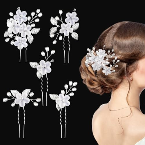 5 Stück Braut Blume Haarschmuck, Braut Hochzeit Haarnadeln, U-Förmig Hochzeit Haarspangen, Haarnadel Accessoires für Hochzeiten für Braut Brautjungfer Damen Mädchen