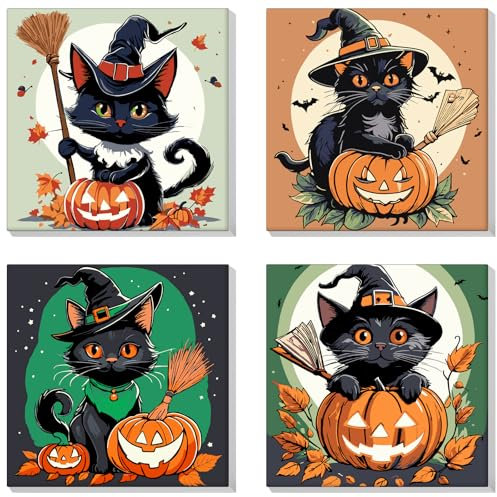 Lxmsja 4 Pièces Halloween Peinture Numero Enfant Avec Cadre, Chat Noir Peinture par Numero Enfant Adulte Débutants, Numéro d'art, Loisirs Créatifs Adultes Cadeau Garçons Fille 5-14 Ans, 20x20cm