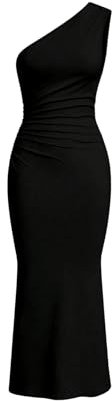 SweatyRocks Damen Kleid Elegant Maxikleid Lang Bleistiftkleider Bodycon Fishtail Kleid Gerafftes Kleid mit Asymmetrischem Ausschnitt Schwarz L