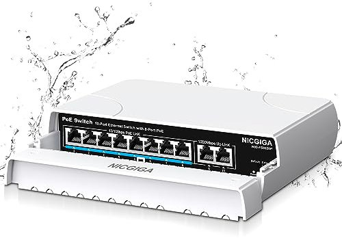 Conmutador PoE impermeable de 8 puertos con 8 puertos PoE+@120W + puerto Gigabit Uplink - NICGIGA Outdoor 10 puertos IEEE802.3af/at - Conmutador de alimentación Ethernet no gestionado con VLAN y