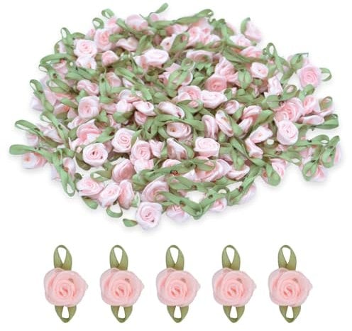 celloexpress 15mm Light Pink #17 Satin Ribbon Roses with Green Leaves - Small Flower Buds - Crafts, Embellishments (Pack of 10)