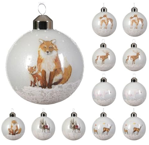 Kaemingk Weihnachtskugeln Glas 8cm x 12 Stück mit Tier Motiv Christbaumkugeln Weihnachtsbaumkugeln für Weihnachten - Christbaumschmuck & Weihnachtsbaumschmuck - Weiß