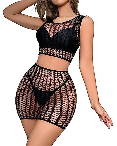 Genérico Comprar Lenceria Mujer LenceríA Femenina Sexy Lencería Sexy de Falda de Cadera de Abrigo de Playa de Rejilla de Piezas ahuecada para Mujer Conjunto Rojo Sexy Ropa De Mujer (Black, One Size)