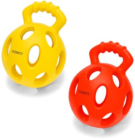 GJZSHTT Durable Dog Puzzle Toy - 2-Pack Interactive Dog Balls with Handle and Holes for Tug of War, Treat Dispensing, Slow Feeder & IQ Training, Rubber Kettlebell Design - 3.94”x5.2” (Red + Yellow)