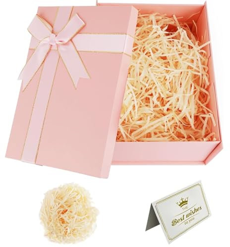 Pink Gift Box, Gift Boxes for Presents, 25x18x8.5cm Gift Box with Lids Silk Ribbon & Greeting Card, Specially Designed for Valentines Day Presents Birthdays, Holidays, Anniversaries Gift (Pink)