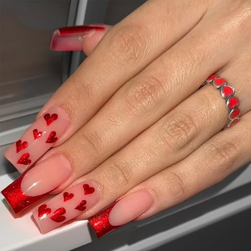 Press on Nails - Faux ongles courts - Motif cœur rouge - Couverture complète - Avec colle en gelée - En acrylique - Manucure pour femme - DIY (cœurs rouges, 24 pièces)
