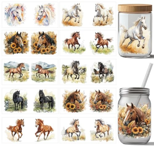 arricraft 10 Blatt UV DTF Becherfolien Für 16 OZ Glasbecher 10 Stile Aquarell Pferdemotiv Abziehbilder Zum Aufreiben PVC Transferaufkleber Wasserfest Zum Selbermachen Ihrer Weihnachtsgeschenke