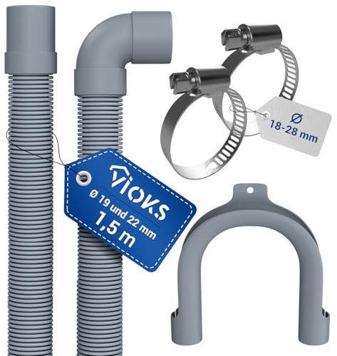 VIOKS Flexibler Abwasserschlauch Waschmaschine 1,5 Meter 19/22mmØ mit 2x Schlauchschellen Edelstahl 18-28mmØ - Ablaufschlauch Spülmaschine mit Schlauchklemmen Set & Ablaufschläuche für Waschmaschinen