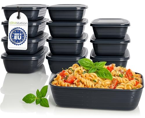 idea-station Gefrierdosen Set 12 x 800 ml - anthrazit - BPA-freie Frischhaltedosen mit Deckel - bruchsichere Dosen zum Einfrieren - stapelbare Gefrierbehälter - Gefrierschrank Organizer