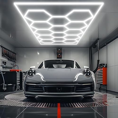 Hexagon LED Garage Light – 534 W, 60000 lm, 6500 K, Tageslichtweiß – Perfekte werkstattbeleuchtung led für Garage, Autopflege, Friseursalon, Tattoo-Studio – Hochwertige led garagenbeleuchtung mit sec
