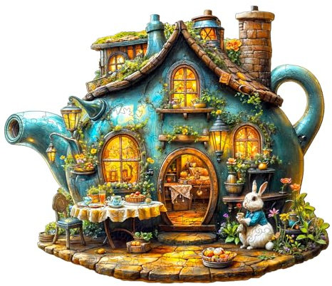 WOODBESTS Puzzle en bois pour adultes, puzzle en bois de théière lapin, puzzle de 215 pièces, puzzle irrégulier en forme d'animal unique, beaux cadeaux pour les amateurs de puzzle (L-34 x 29,1 cm)