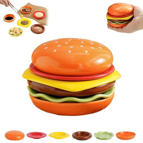 Set di piatti per hamburger, impilabili a forma di hamburger, mini piatti a 6 strati, simpatiche ciotole e piatti in ceramica per hamburger, salse, sushi, antipasti, biscotti e dessert