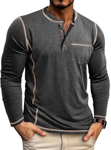 LAOARA Langarmshirt Herren Longsleeve T-Shirts Henley Shirt Langarm Longshirt Slim mit Tasche Knopfleiste M-3XL