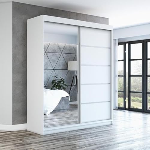 A&J MöbelLand Schwebetürenschrank PIK Kleiderschrank 2-türig mit Spiegel & 2 Schubladen, Garderobe 180 cm (Weiß)