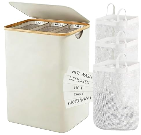 Wäschekorb 3 Fächer, Wäschekorb Mit Deckel, 160L Wäschesammler Waschkorb Mit Abnehmbaren Wäschesäcken für Waschküche, Schlafzimmer, Beige