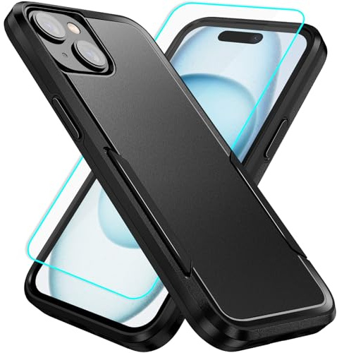 Jihucase for iPhone 15 Case with Screen Protector (Black) | Heavy Duty Protective Anti-scratch and ShockProof Double-Layer Protection Case for iPhone 15