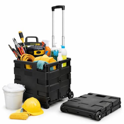 BigDean Werkzeugtrolley leer klappbar bis 35kg Transportbox mit Rollen | Teleskopgriff, Einkaufstrolley klappbar, mobile Aufbewahrungsbox faltbar, Werkzeugkiste Werkzeugwagen Transportkiste Rollbox