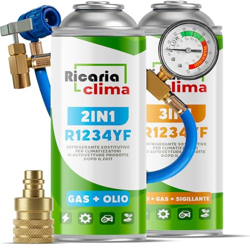 Ricaria Clima - Kit Recharge Climatisation R1234yf avec Gaz R1234yf 3en1 – 2X 235 g avec Tuyau, Manomètre et Adaptateur AZ – Climatisation Automobile – ECO