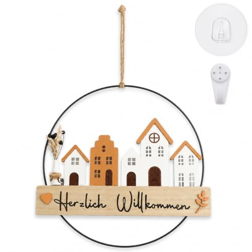 Willkommen Türkranz Trockenblumenkranz Türkränze Personalisiert Dekokranz | Herzlich Trockenblumen Fensterdeko Hängedeko mit Willkommensschild Metall Holz Trockenblumen und Haus ø28cm Wandschmuck