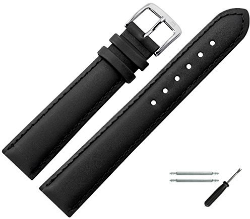 MARBURGER Uhrenarmband 22mm Leder Schwarz Silber Glatt Mit Naht - Montage Set 7942210000120