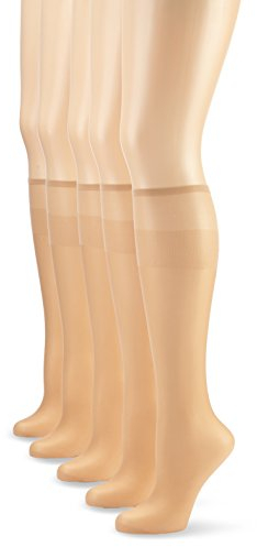 Nur Die 5er Pack Knie Seidenfein 15 DEN transparente Nylon Fein-Kniestrümpfe seidig glänzend breiter Komfortbund Damen, amber, one size