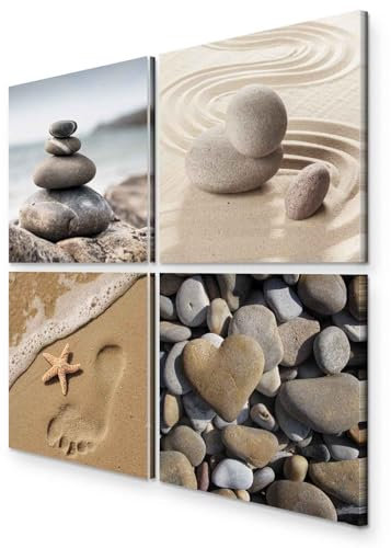 B&D XXL - Wandbilder Set Strand 80x80 cm 4 Teilig je 40x40 Vlies Leinwandbild Kunstdruck modern Wandbilder XXL Wanddekoration Design Wand Bild mehrteilig - Natur Meer Sand Wasser Zen beige