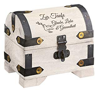 Casa Vivente Geldschatztruhe mit Gravur zur Taufe, Motiv Taube, Schmuckkästchen aus weißem Holz, Taufgeschenk, Verpackung für Geldgeschenke