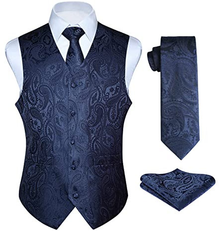 Enlision Anzugweste Navy blau Herren Hochzeit Paisley Westen und Krawatte Einstecktuch Party Floral Jacquard Anzug Weste Set XS