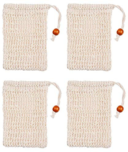 4 Pack Organic Sisal Soap Saver Bags - Natural Drawstring Bags for Eco-Friendly Shower Use