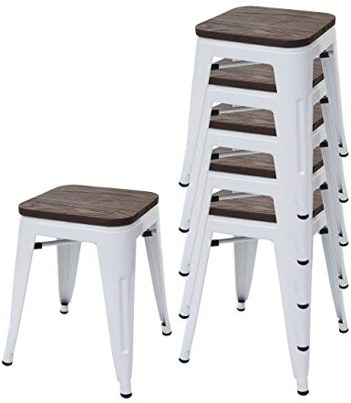 6er-Set Hocker HWC-A73 inkl. Holz-Sitzfläche, Metallhocker Sitzhocker, Metall Industriedesign stapelbar - weiß