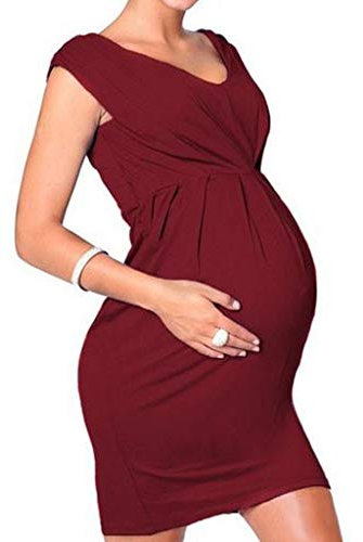 Chaconka Robe de Maternité Ete sans Manches Couleur Unie Elegante Femme Enceinte Vêtements de Maternité Manches Courtes Robe Moulante Sexy Robe Grossesse Taille Haute Plissé
