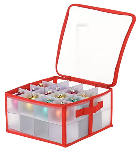 MIJOMA Aufbewahrungsbox Sortierbox Weihnachtstasche für Christbaumkugeln und Weihnachtsschmuck, zusammenklappbar, transparent (Rot, 30 x 30 x 15 cm für 32 Teile)